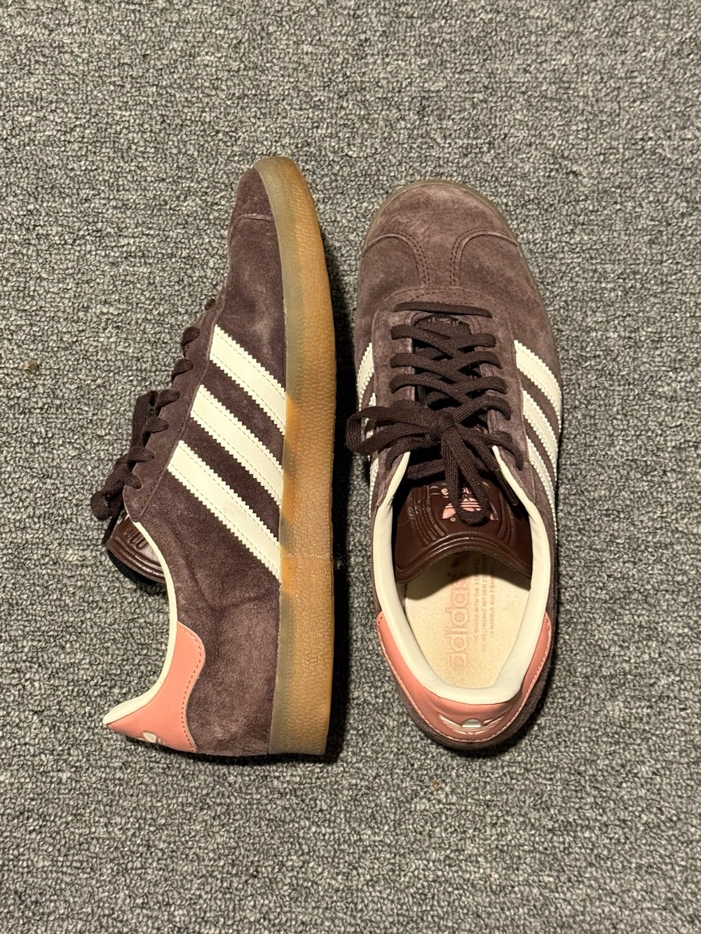 adidas Women’s Brown Suede Gazelle Sneakers with White Stripes and Pink Heel